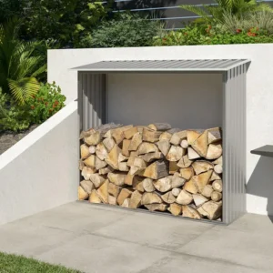 Cobertizo para troncos de metal gris castaño – Capacidad de 1,5 a 2,5 estéreos